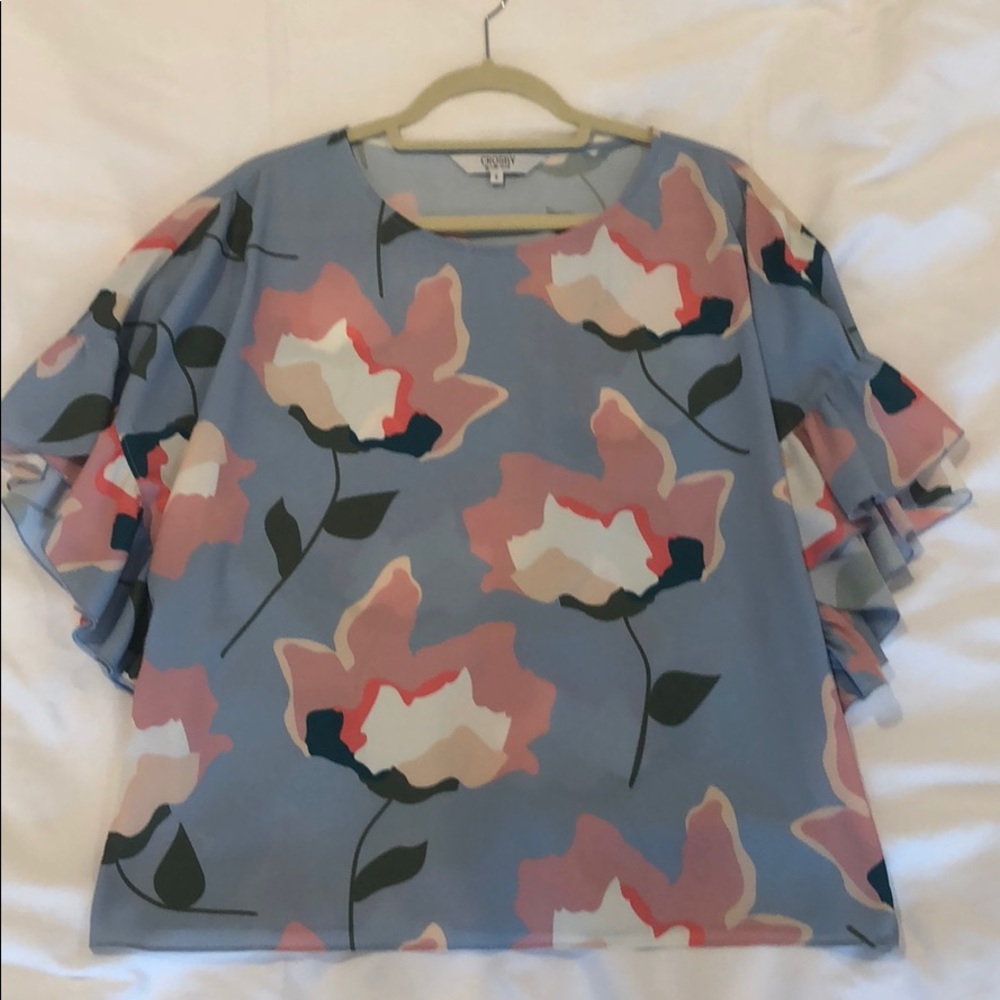 Crosby Blue Floral Blouse with Ruffle Sleeves